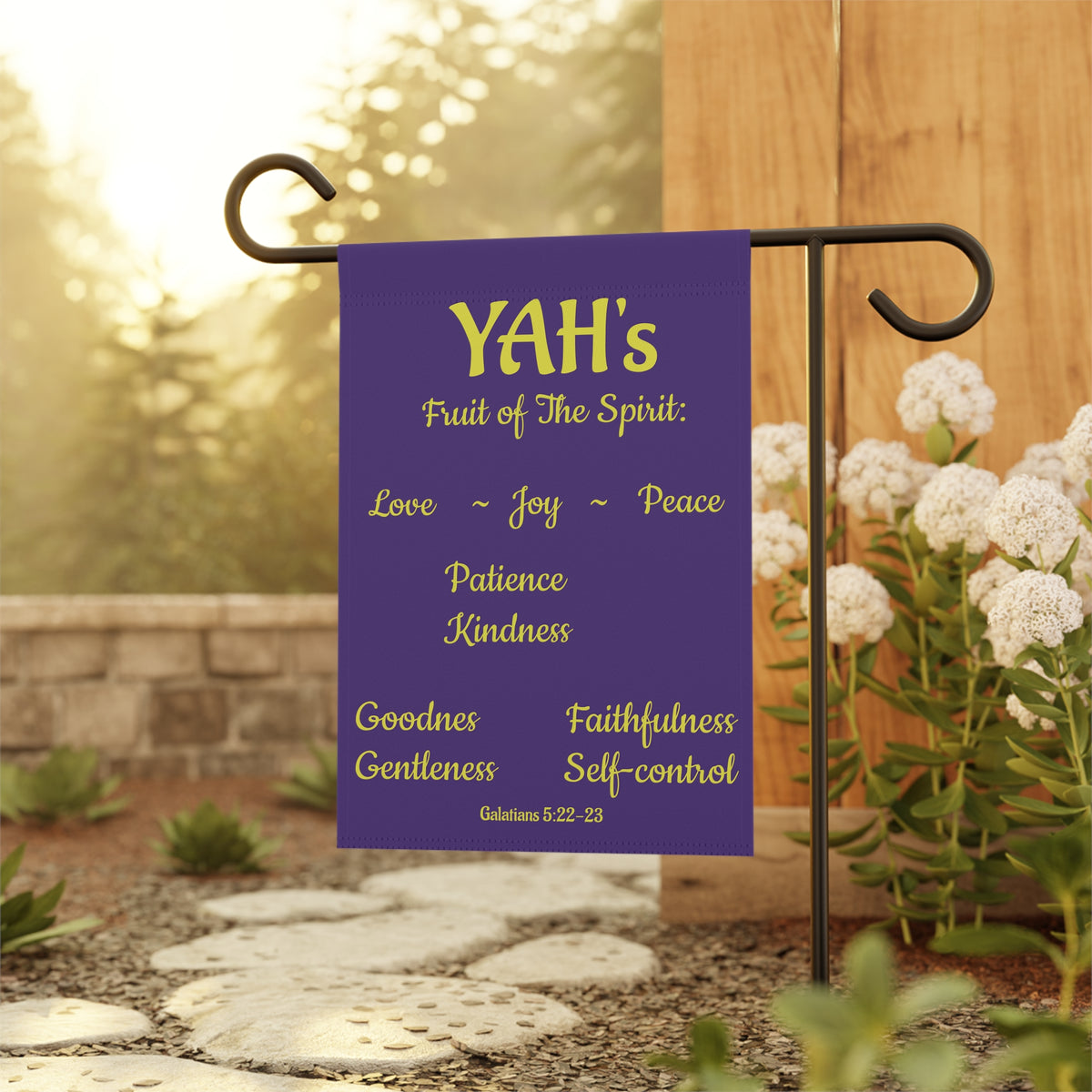 Fruit of The Spirit (purple & gold Garden Banner, Garden Flag, Religious Home Decor)